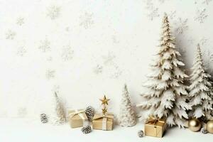 Christmas composition with gift boxes, card balls fir branches pine cones with copy space. Christmas by AI Generated photo