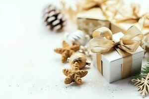 Christmas composition with gift boxes, card balls fir branches pine cones with copy space. Christmas by AI Generated photo