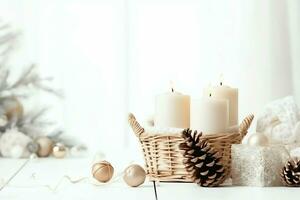 Christmas composition with gift boxes, card balls fir branches pine cones with copy space. Christmas by AI Generated photo