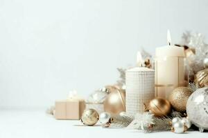 Christmas composition with gift boxes, card balls fir branches pine cones with copy space. Christmas by AI Generated photo