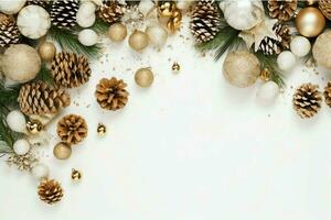 Christmas composition with gift boxes, card balls fir branches pine cones with copy space. Christmas by AI Generated photo