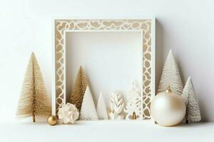 Christmas composition with gift boxes, card balls fir branches pine cones with copy space. Christmas by AI Generated photo