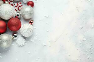 Christmas composition with gift boxes, card balls fir branches pine cones with copy space. Christmas by AI Generated photo