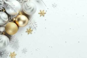 Christmas composition with gift boxes, card balls fir branches pine cones with copy space. Christmas by AI Generated photo