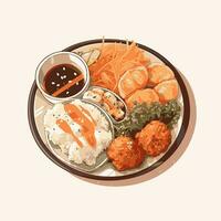 AI generated bento rice with dumpling, fried shrimp, ekkado and carrot salad mayonaise icon illustration vector