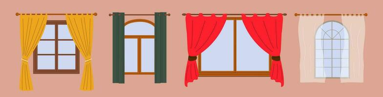 Set of Window and curtains in the room. House window. Vector flat illustration