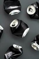Crumpled aluminum soda cans still life. photo
