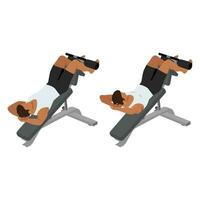 Man doing decline crunch on a bench exercise. vector