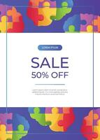 Promo sale flyer world autism awareness day with jigsaw brain puzzle pieces. International solidarity, aspergers day.Health care, mental illness. Social media post. A4 for poster, banner, cover vector