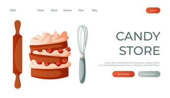 Landing page with kitchen whisk, rolling pin, baked cake for homemade cooking. Baking tools, utensils, supplies, stuff. Baking shop, cooking, sweet, dessert for banner, website, banner vector