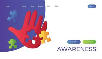 Landing page world autism awareness day with hand colorful puzzle pieces. International solidarity, aspergers day. Health care, mental illness. Social media post for poster, banner, cover, card vector