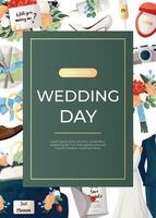 Promo flyer with cake, flowers, bride suit, groom dress, engagement ring, proposing card. Wedding day accessories, decorations.Celebrate marriage, save the date ceremony for poster, cover, advertising vector