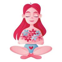 Woman sitting in lingerie care about themselves during the menstruation with flowers. Menstrual period products, female anatomical nature. Feminine hygiene during the menstrual cycle. Women health,PMS vector