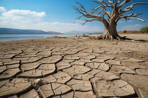 AI generated Dried tree on dried ground. Global warming concept. Generated by artificial intelligence photo