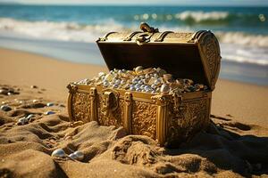 AI generated An open treasure chest on the seashore. Generated by artificial intelligence photo