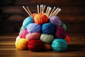 AI generated A large stack of balls of yarn with knitting needles on a wooden table. Generated by artificial intelligence photo