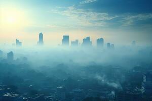 ai generado el ciudad es inmerso en niebla tóxica y niebla. aire contaminación desde calefacción. generado por artificial inteligencia foto