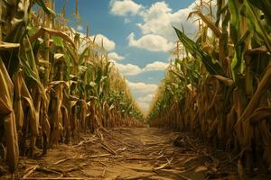 AI generated A path in the middle of a dry corn field. Generated by artificial intelligence photo