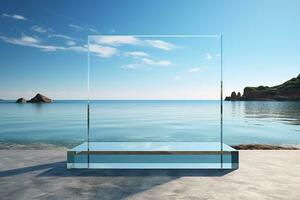 AI generated Glass transparent rectangular podium on a stone against the background of the sea. Generated by artificial intelligence photo