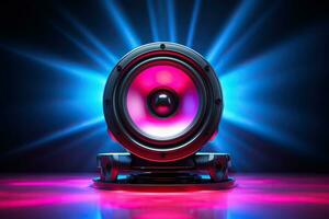 AI generated Music column, speaker with neon rays. Music and sound concept. Generated by artificial intelligence photo