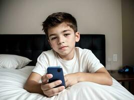ai generado linda chico en blanco camiseta en el cama jugando su teléfono inteligente concepto foto