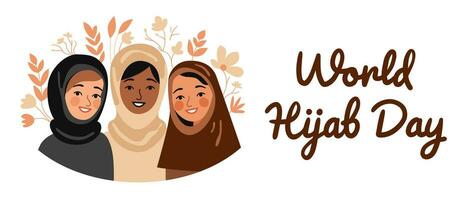 cubierto muchachas en hijab participación flores internacional hijam día. Tres musulmán mujer son sonriente. departamento, dibujos animados, vector. vector