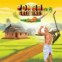 Pongal Greetings with a happy farmer posing in front of beautiful village landscape vector