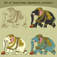 Set of Traditional Ornamental Elephant Design in different color and line art vector