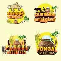 conjunto de pongal saludos títulos en tamil y Inglés con festivo elementos vector