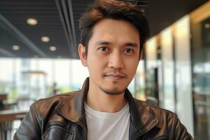 AI generated Portrait of a young Malay man in a leather jacket photo