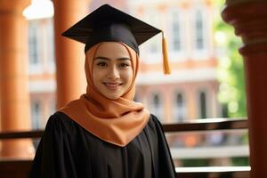 ai generado un sonriente malayo mujer graduado en graduación atuendo. ai generado foto