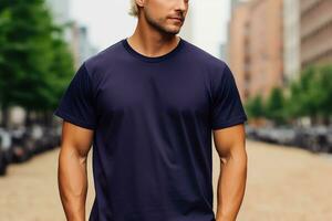 AI generated A man with a plain navy blue t-shirt, t-shirt mockup photo