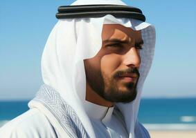 ai generado un árabe hombre en tradicional atuendo es a un playa. ai generado foto