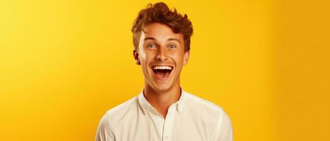 AI generated A cheerful young man laughing isolated on yellow. AI Generated photo