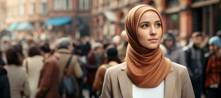 AI generated Muslim woman walking in the crowd on a city street. AI Generated photo