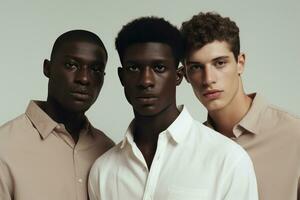 AI generated Three multiethnic men standing together. Diversity. AI Generated photo