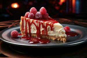 AI generated A decadent slice of New York cheesecake with a graham cracker crust and drizzles of raspberry sauce. photo