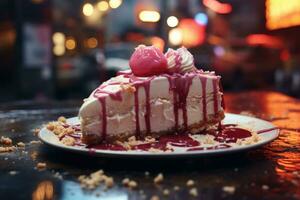 AI generated A decadent slice of New York cheesecake with a graham cracker crust and drizzles of raspberry sauce. photo