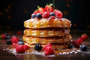 AI generated A stack of fluffy pancakes drizzled with maple syrup and adorned with fresh berries. Generative AI photo