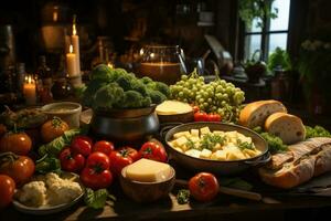 AI generated A rustic wooden table adorned with a cheese fondue pot surrounded by an array of dippable bread, vegetables, and fruits. Generative AI photo