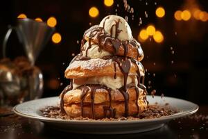AI generated A dynamic shot of pouring melted chocolate over a tower of cream puffs, creating a decadent dessert. Generative AI photo