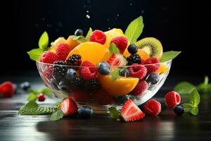 AI generated A vibrant bowl of fresh fruit salad with a colorful mix of berries, melon, and citrus segments. Generative AI photo