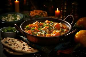 AI generated A fragrant curry dish served in a traditional bowl with naan bread on the side. Generative AI photo