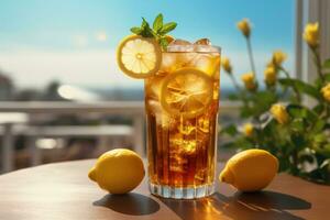 AI generated A refreshing image of a glass of iced tea with lemon slices and mint leaves on a sunny day. Generative AI photo