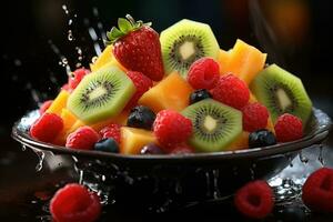 AI generated A bowl of vibrant fruit salad bursting with fresh berries, citrus segments, and kiwi. photo