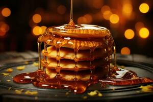 AI generated An artistic shot of a spoon drizzling honey over a stack of pancakes, capturing the golden stream. Generative AI photo