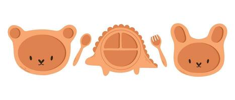 Set of wooden utensils for children vector. Set of children's dishes, children's dish in flat style. vector