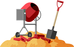 Concrete Mixer, Shovel and Bricks in Pile of Sand. png