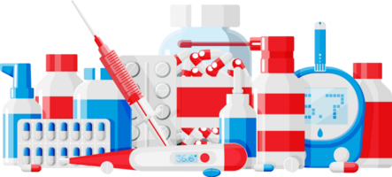 Set of bottles, tablets, pills, capsules and spray png