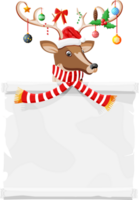 Cute deer with antlers, scarf, holly, bow, baubles png